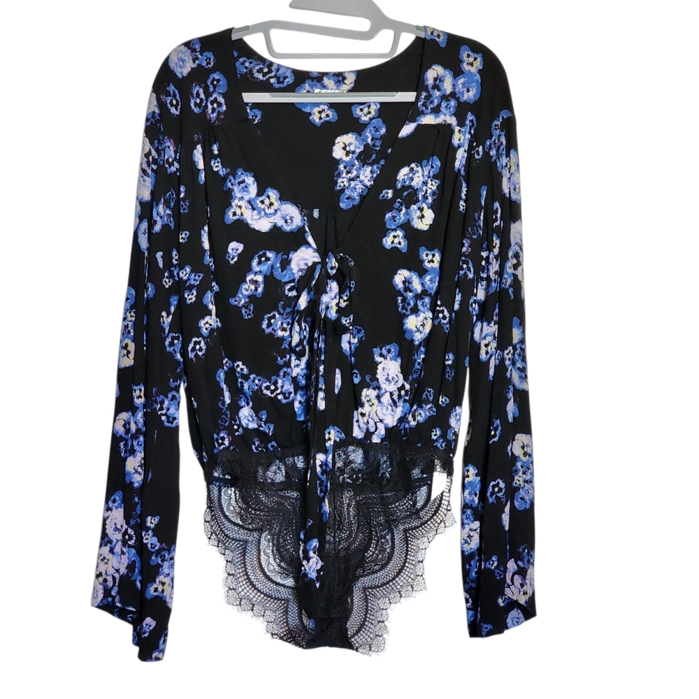 Free People Bodysuit Black With Blue Floral Accents